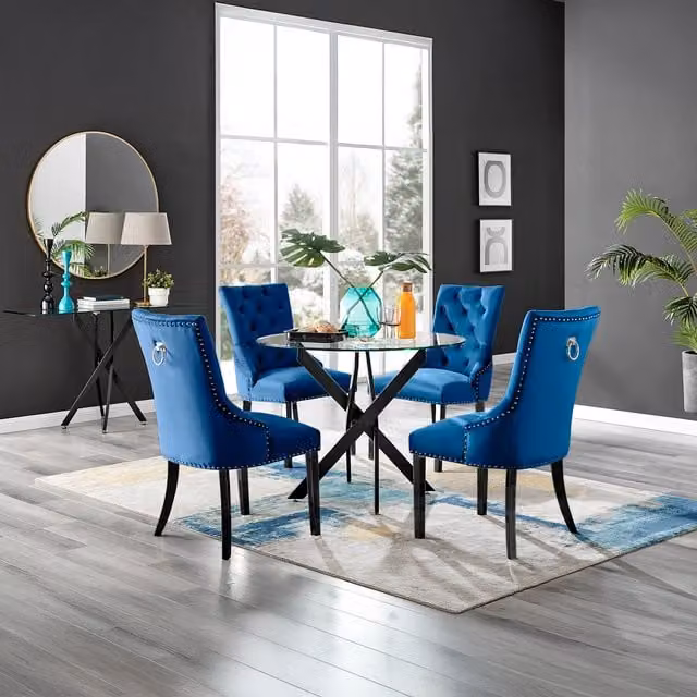 FurnitureboxUK Leonardo Blue Glass Rectangular Dining Table with 4 Belgravia Black Leg Chairs