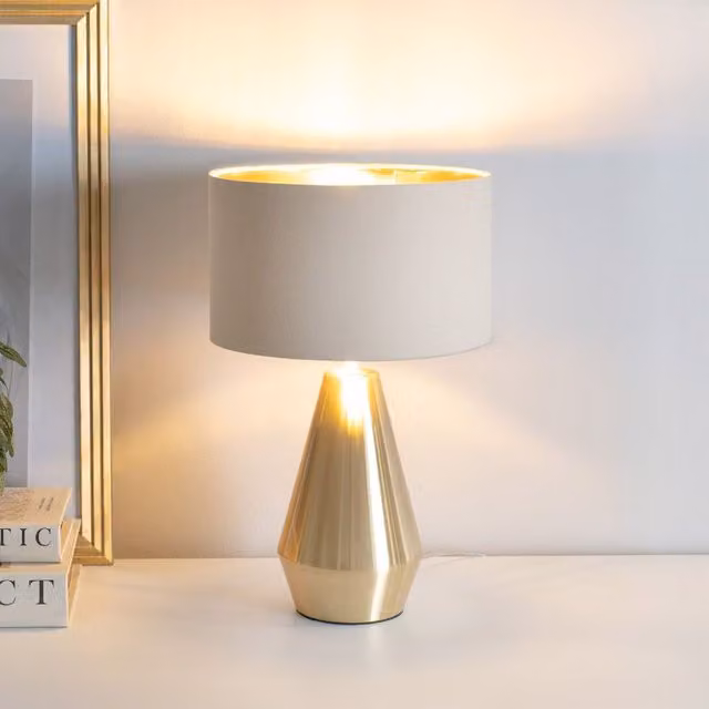 ValueLights Jax Gold Dimmable Touch Table Lamp with Fabric Drum and Metal Shade, Bulb Included – 1