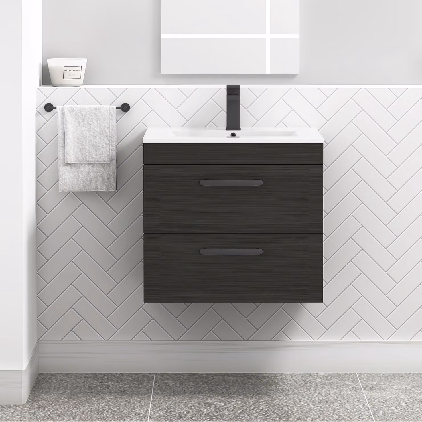 Royal Bathrooms Turin 600mm Wall Hung Vanity Unit in Charcoal Oak with 2 Drawers and Matt Black Handles