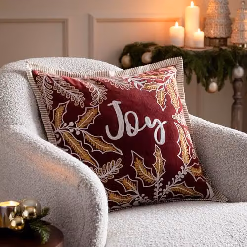 Paoletti Winter Joy Red Cotton Velvet Embroidered Square Cushion, W/D/H: 50 x 50 x 50 cm – 5