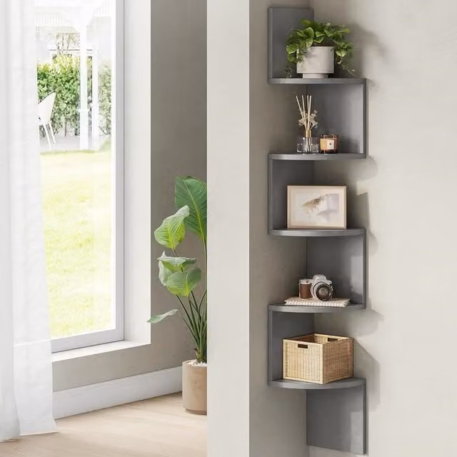 VASAGLE 5 Tier Grey Wall Mounted Corner Shelf for Display and Decoration