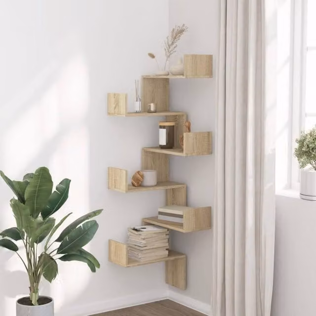 Berkfield Home Sonoma Oak Wall Corner Shelf, Light Brown, W/D/H: 45 x 45 x 147 cm – 1