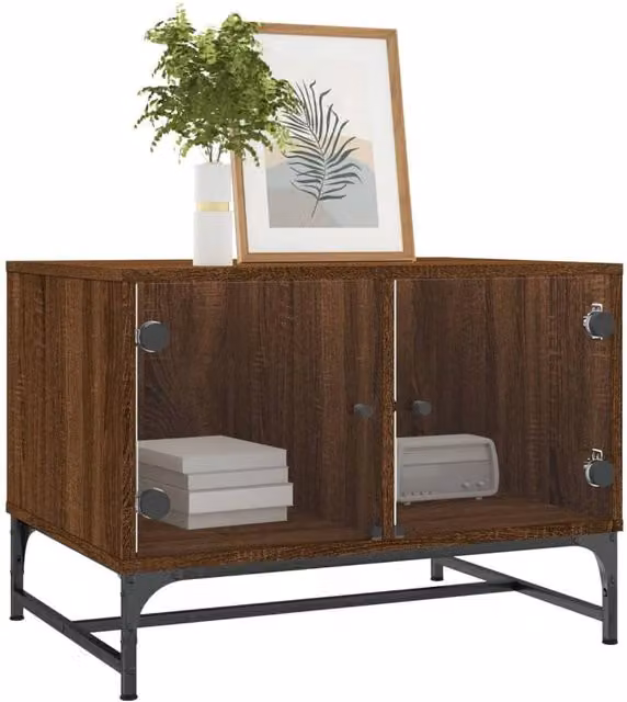 Berkfield Home Modern Coffee Table with Glass Doors in Brown Oak, W/D/H: 68.5 x 50 x 50 cm