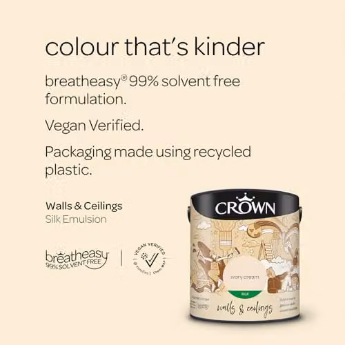 Crown Silk Solvent Free Water Based Emulsion Satin Gloss in Ivory Cream, 2.5 l – 2