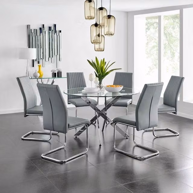 FurnitureboxUK Novara Round Glass Dining Table with 6 Lorenzo Grey Chairs Set