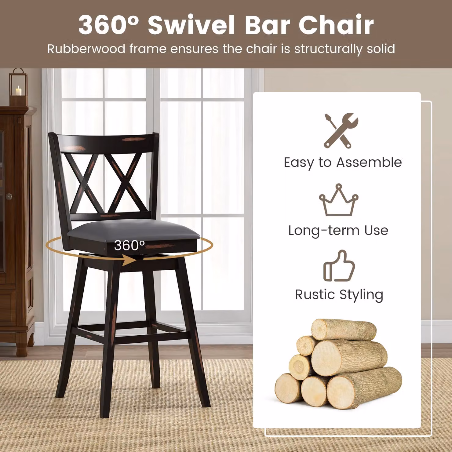 Costway Set of 2 Black Swivel Bar Stools with Upholstered Synthetic Leather Seats – 3