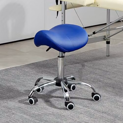 HOMCOM Blue PU Leather Adjustable Height Saddle Stool with Castors and Metal Frame – 7
