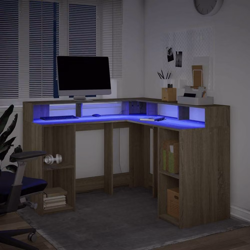 Berkfield Modern Corner Home Office Desk with LED Lights in Sonoma Oak Brown, W/D/H: 130 x 130 x 91 cm – 3