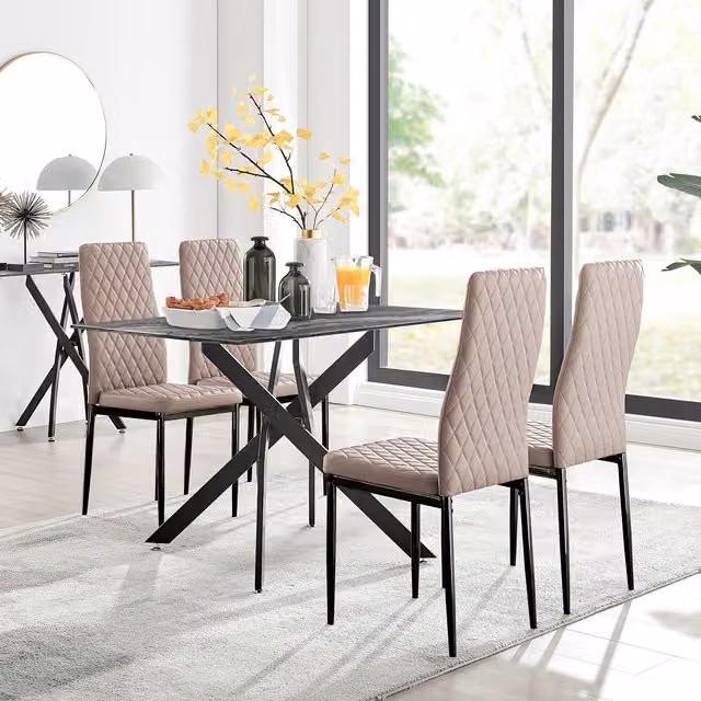 FurnitureboxUK Leonardo Grey Glass Marble Effect Dining Table and 4 Milan Black Leg Chairs in Cappuccino