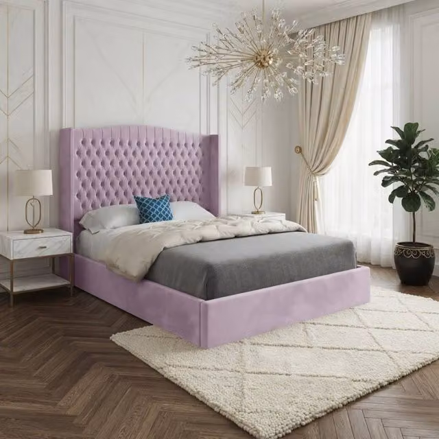 Casani Rotherwick Winged Upholstered Pink Velvet Designer Bed Frame, W: 140 cm, D: 200 cm, H: 144 cm – 1