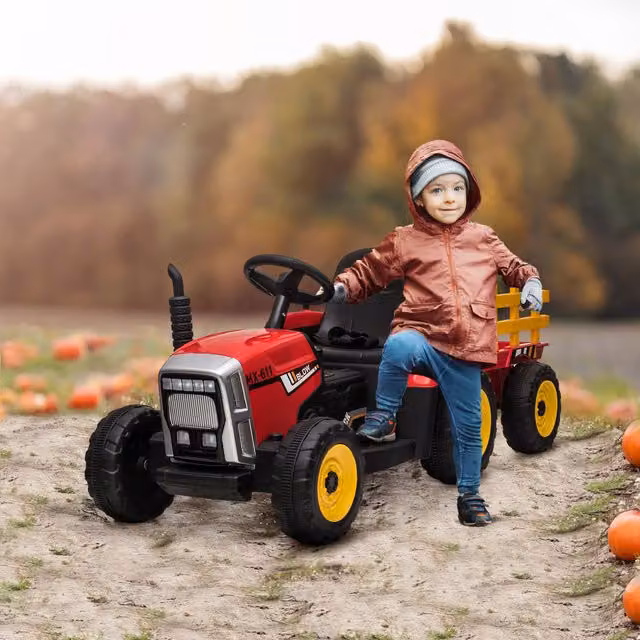 HOMCOM Red Electric Ride On Tractor with Detachable Trailer and Remote Control