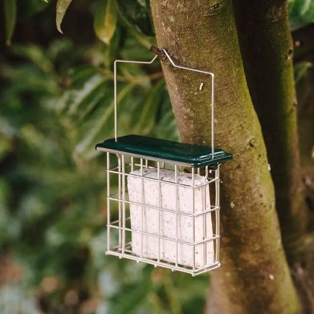 Peckish All-Weather Suet Cake Feeder with Flip-Top Lid and Slate Roof in Brown Oak Stain