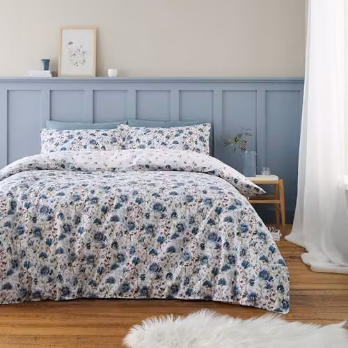 Bianca Ophelia Floral Reversible Brushed Cotton Single Duvet Cover and Pillowcase Set in Blue, White and Multicolour, Duvet Cover W/H: 135 x 200 cm, Pillowcase W/H: 50 x 75 cm