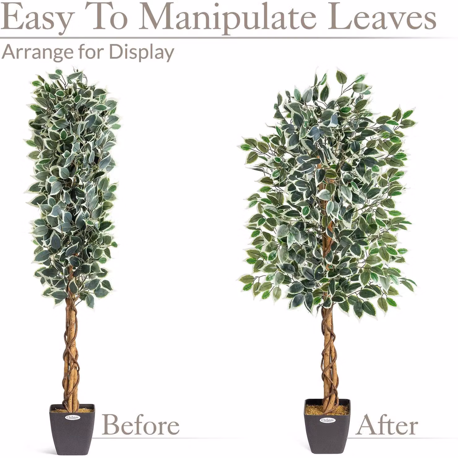 Christow Artificial Variegated Ficus Tree Realistic Faux House Plant in Green, Height: 90 cm – 6