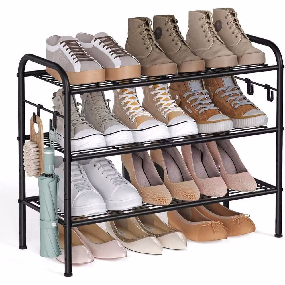 The Bazaarist 3 Tier Adjustable Metal Shoe Rack with Hooks in Matt Black – 2