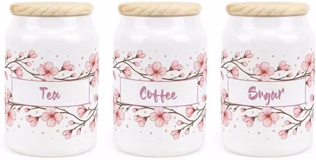 Purely Home Cherry Blossom Ceramic Tea, Coffee and Sugar Canister Set in Pink and White Floral Design