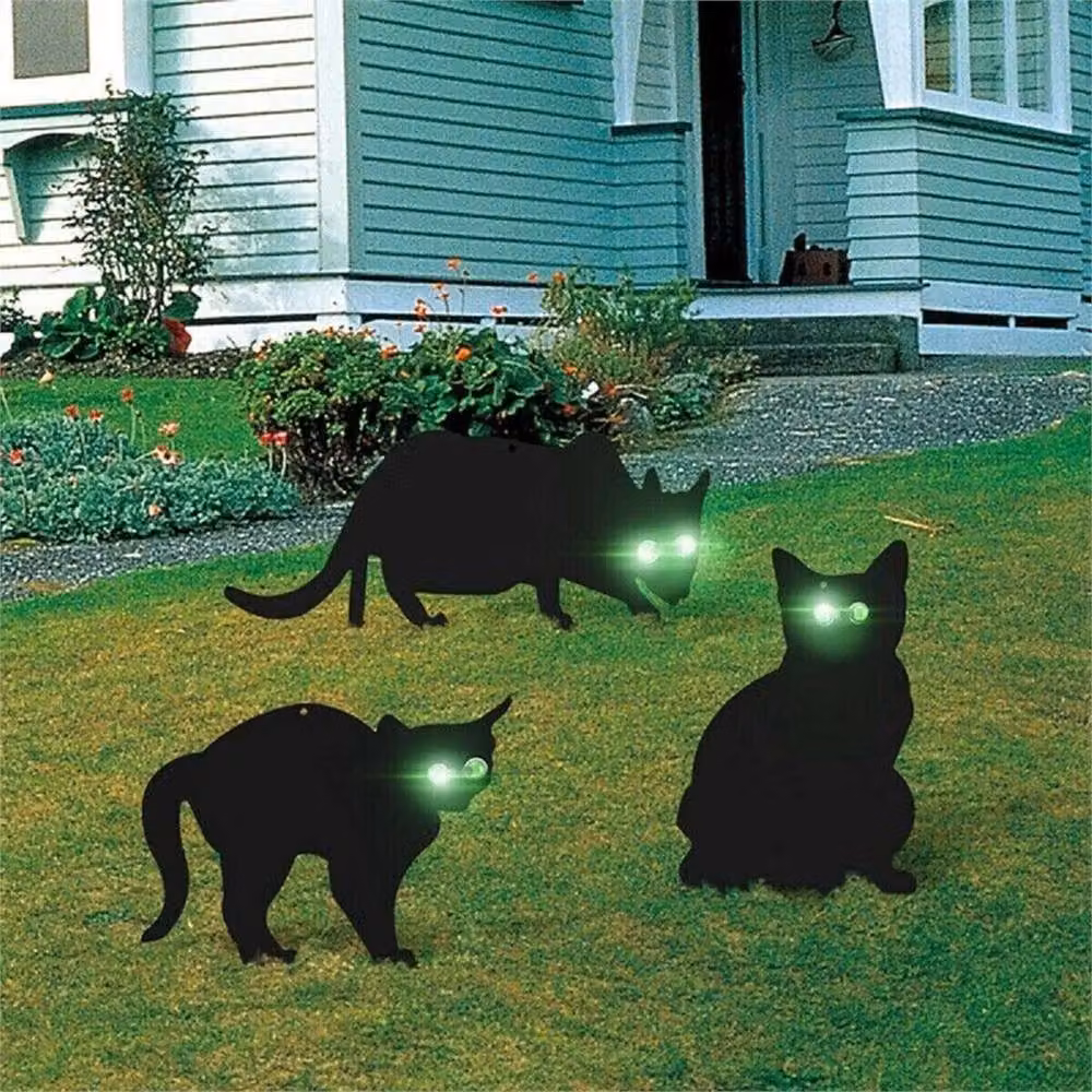 VOGREX 3-Piece Black Metal Garden Cat Silhouette Bird Scarer with Marble Eyes – 5