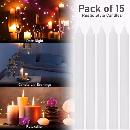 Deco Express Set of 15 White Unscented Dripless Tapered Candles – 6
