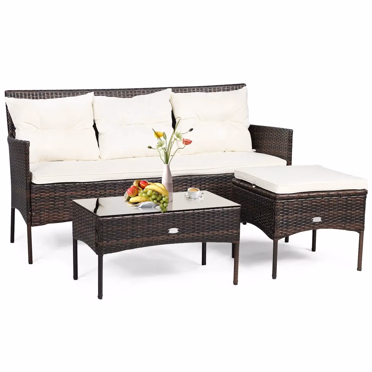 Costway 3 Piece White Rattan Patio Conversation Set with 3 Seater Garden Corner Sofa, Coffee Table and Ottoman – 4