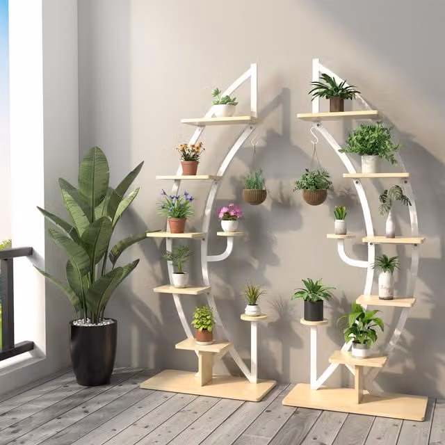 Costway Set of 2 White Wooden 8-Tier Tall Plant Stand Racks with Curved Half Moon Ladder Shelf Design – 1