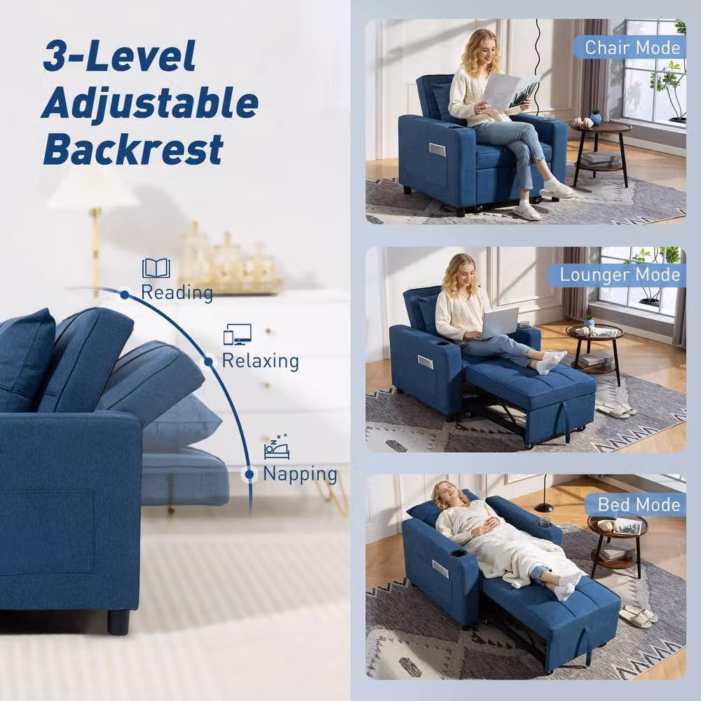 HOMCOM 3-in-1 Convertible Sofa Bed and Sleeper Chair with Adjustable Backrest in Dark Blue – 5
