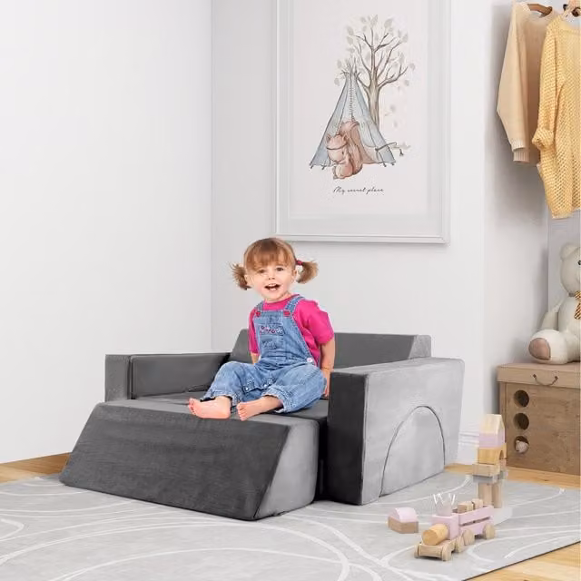 Costway 8-Piece Kids Modular Play Sofa in Grey with Suede Upholstered Sponge Frame