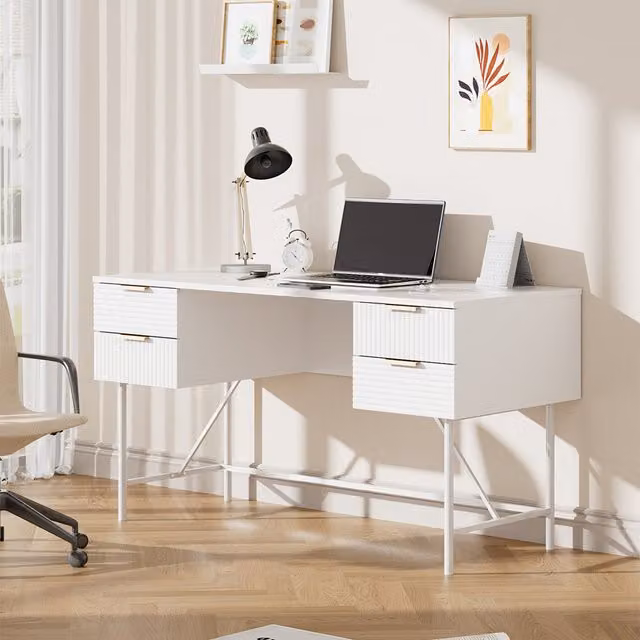 Livingandhome Modern White Striped Writing Desk with Dual Pedestals for Home Office