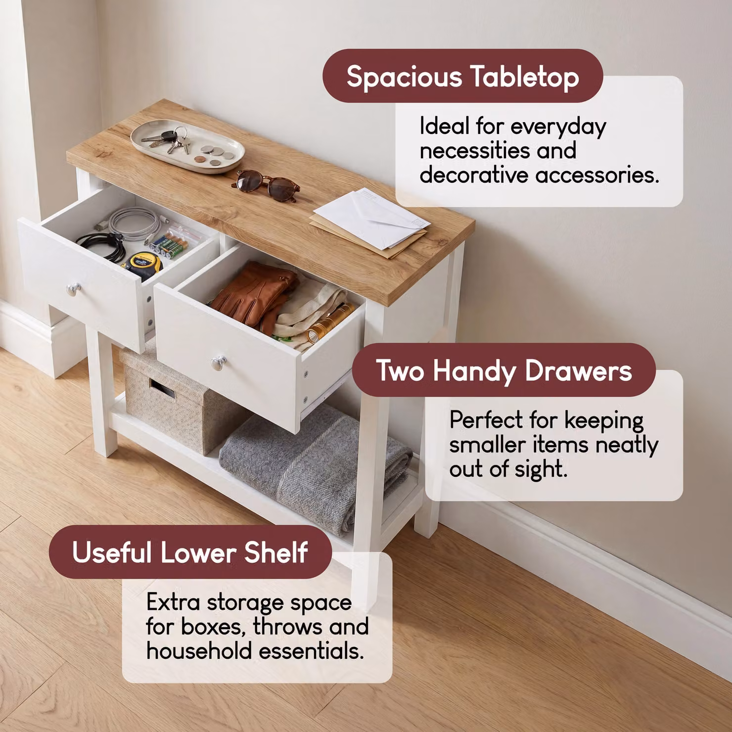 Vida Designs Arlington 2 Drawer Console Table Storage Organiser in White – 5