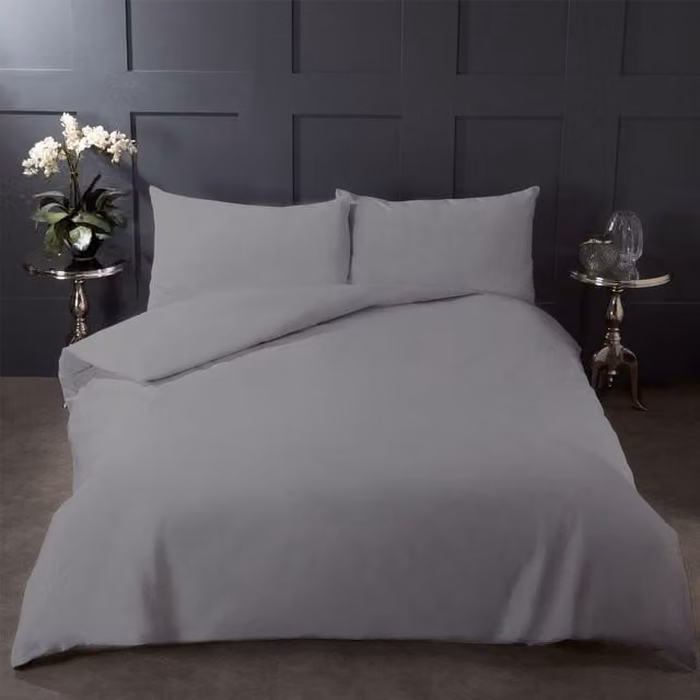 Highams Reversible Plain Cotton Duvet Cover and Pillowcase Set, Silver/Grey, W: 140 cm, L: 200 cm