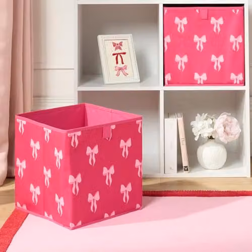 OHS Set of 2 Bow Print Fabric Storage Cubes in Pink, W/D/H: 27.0 x 27.0 x 27.0 cm – 2