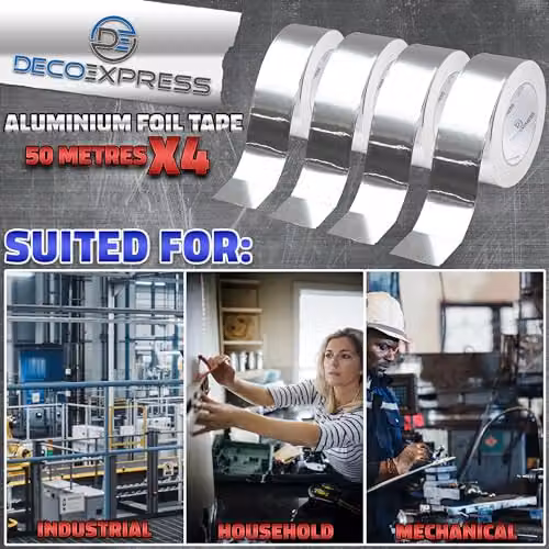 Deco Express Silver Aluminium Foil Insulation Tape, 4 Rolls (W: 4.5 cm, Length: 50 m per roll) – 6