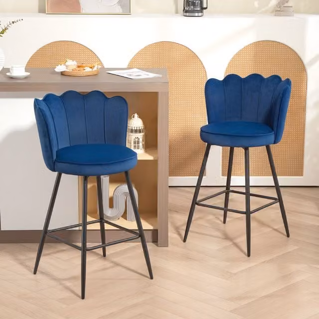 HOMCOM Set of 2 Modern Velvet Barstools with Petal Backrest in Dark Blue – 1