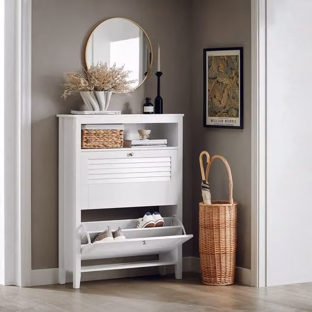 SoBuy Minimalist Shoe Cabinet with 2 Tilting Compartments in White and Grey