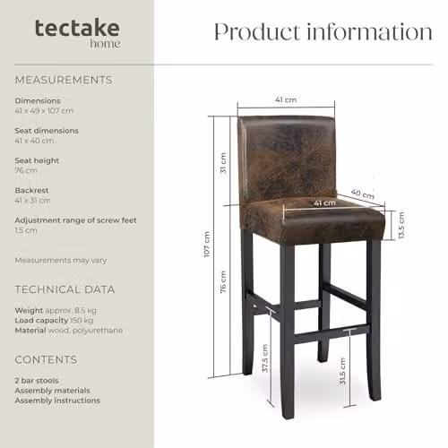 tectake Set of 2 Dover Bar Stools in Antique Brown with Synthetic Leather and Wood Legs – 3
