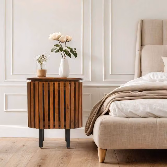 IH Design Carney Mango Wood Slatted Bedside Table with Door in Warm Walnut Brown