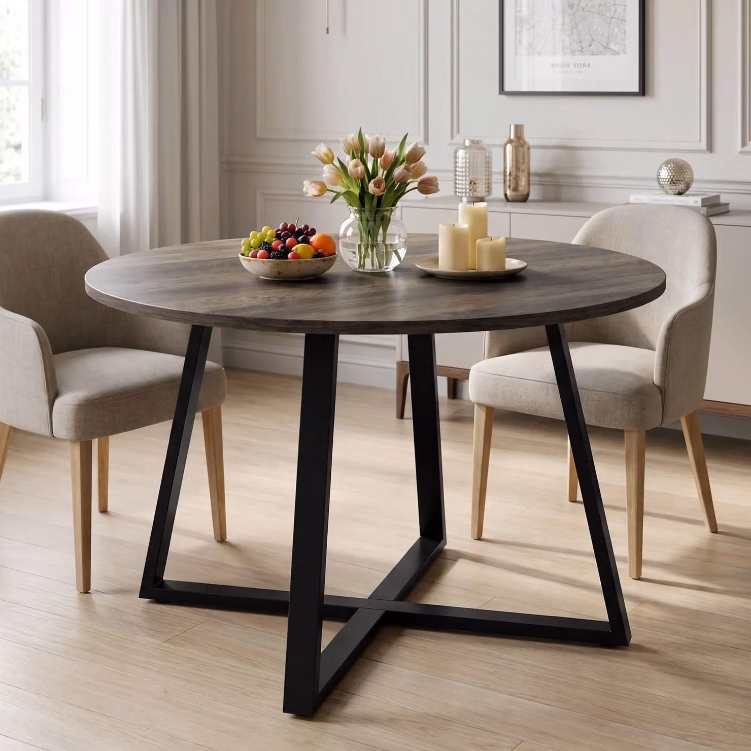 Round Wood Effect Dining Table with Black X-Frame Legs in Dark Wood, Diameter: 110 cm, Height: 75 cm