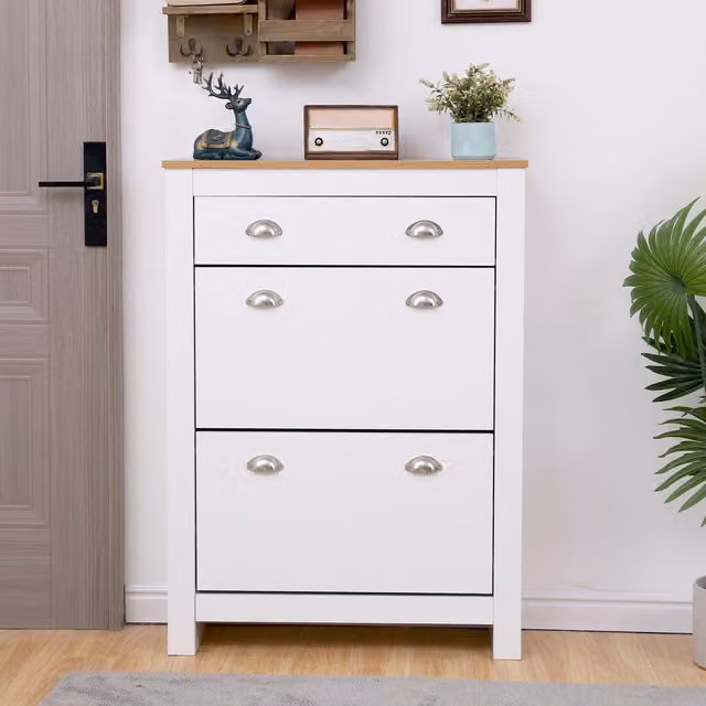 HMD Furniture Modern White Shoes Storage Cabinet with 3 Internal Pull Out Drawers