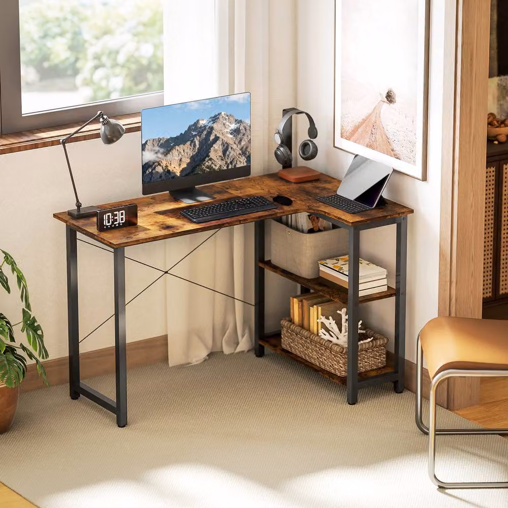 STILVORA L Shaped Corner Desk with Shelves in Rustic Dark Brown – 2