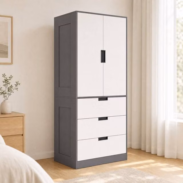 STILVORA Modern Grey Wardrobe with 2 Hinged Soft-Close Doors and 3 Integrated Drawers