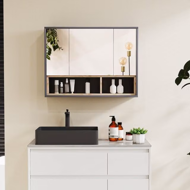 HOMCOM Grey Wall Mounted Bathroom Mirror Cabinet with Glass Doors and Internal Shelves