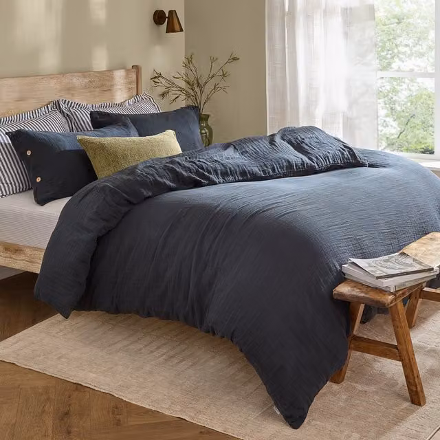 Lark Navy Blue Muslin Cotton Duvet Cover Set, 180 x 200 cm