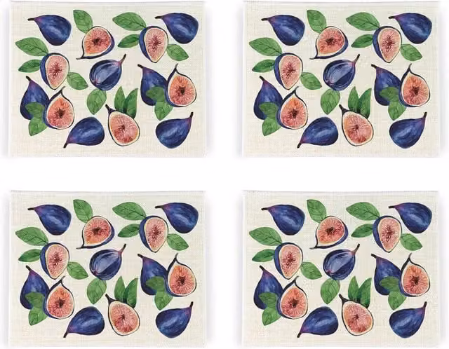 Purely Home Vibrant Figs Floral Linen Placemats, Set of 4, White, Purple, Green and Multicolour, Square