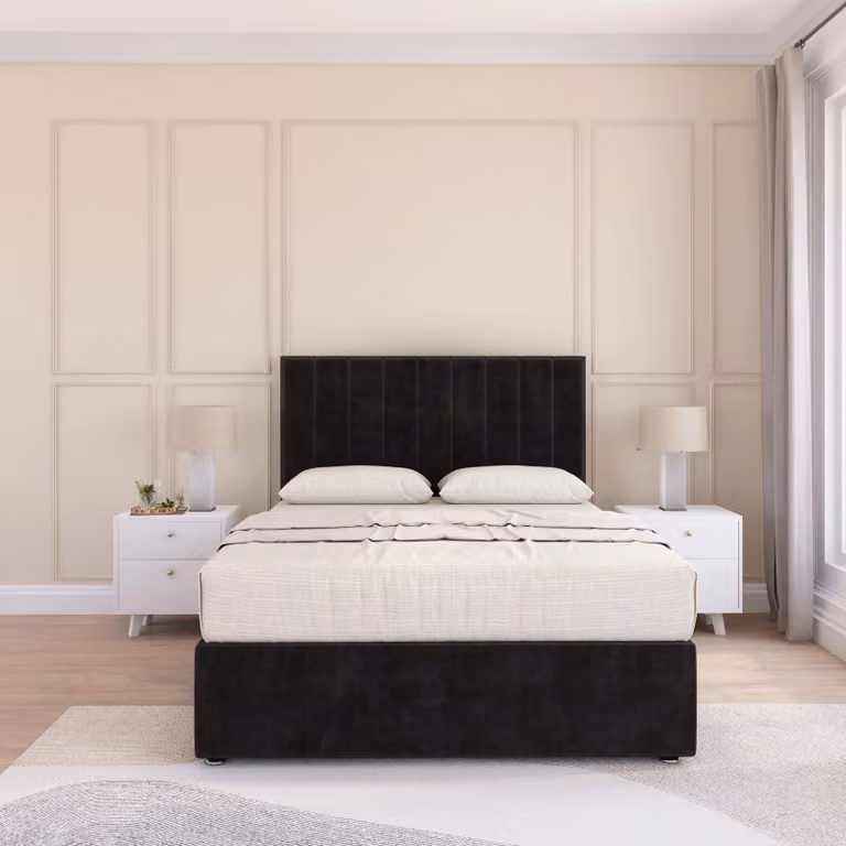 Sloomy Kansas Single Divan Bed Base and 26 inch Struts Headboard in Black Velvet
