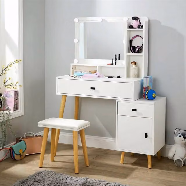 Home Source White Dressing Table with Hollywood LED Lighting Mirror and Cushioned Stool, W: 138 cm, D: 40 cm, H: 76 cm – 1