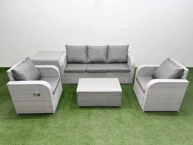 Fimous PE Rattan Garden Furniture Set in Light Grey with 3-Seater Sofa, Lounge Armchairs, Coffee Table and Weather-Resistant Upholstered Cushions