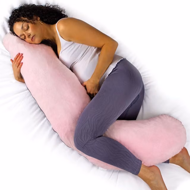 Aamira L-Shaped Memory Foam Pregnancy Pillow in Pink and Grey Velvet