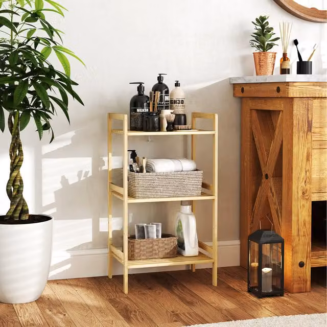 HOMCOM 4 Tier Bamboo Bathroom Storage Shelf with Adjustable Racks in Natural Beige