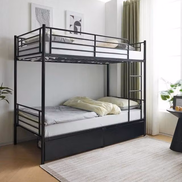 FLAVORA Metal Loft Bunk Bed Frame with Drawers and Ladder in Black, Cot Size – 1