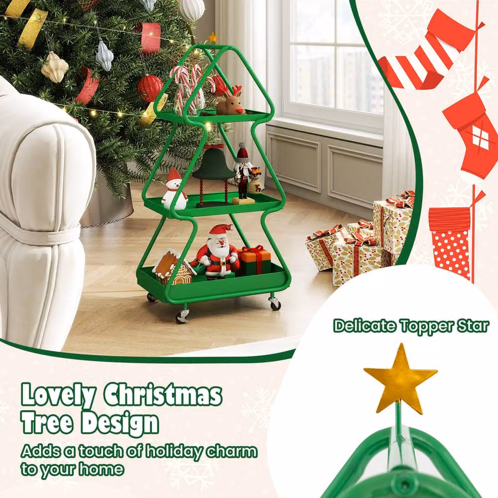 Costway 3-Tier Rolling Christmas Tree Storage Cart with Topper Star in Green – 7