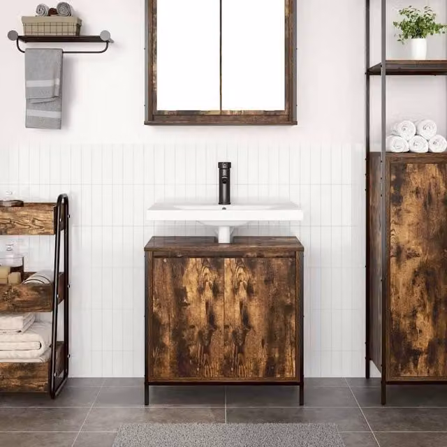 Berkfield Home Modern Bathroom Basin Cabinet in Smoked Oak Brown, W/D/H: 60 x 34.5 x 60 cm